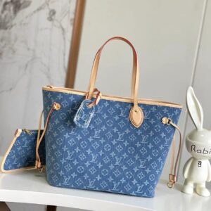 Louis Vuitton Neverfull MM Tote Bag in Blue Monogram Denim