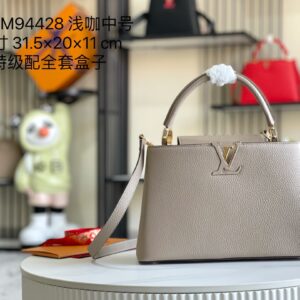 Louis Vuitton Capucines Handbag M94428, Elephant Gray, Medium Gold-Tone Hardware