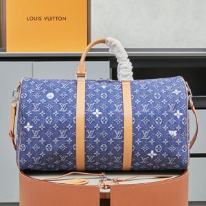 Louis Vuitton Keepall Bandoulière 50 Blue Denim Monogram Travel Bag with Floral Embroidery