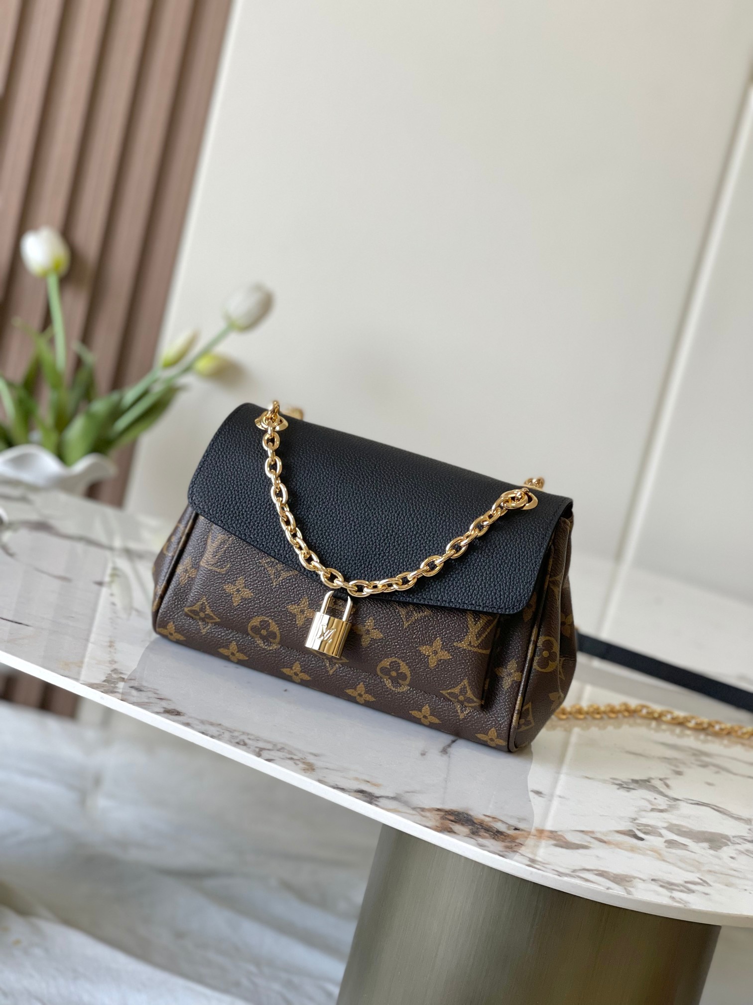 BB Monogram Canvas Handbag with Burgundy Leather Trim
