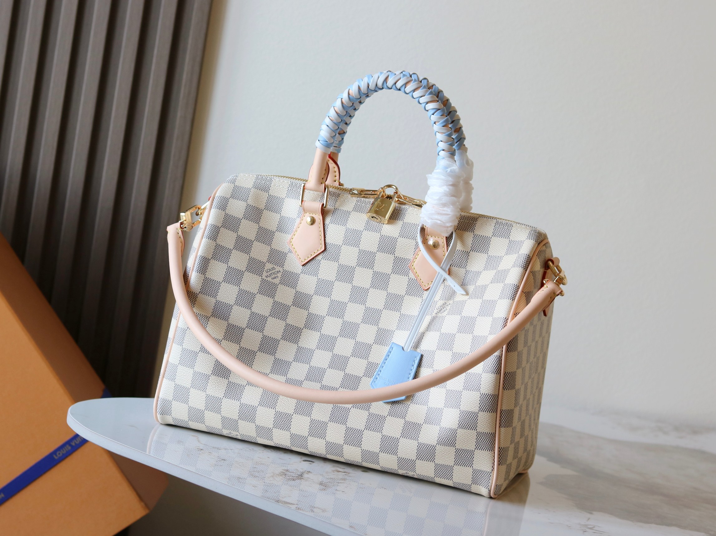 Louis Vuitton Speedy Bandouliere 30 Handbag in Damier Azur Canvas