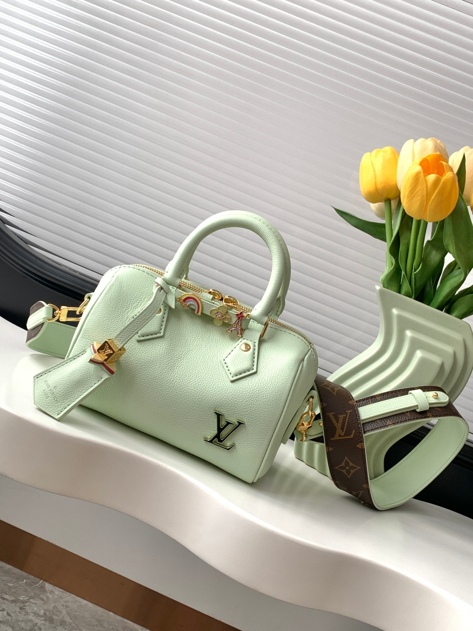 Speedy 18 Green Leather Convertible Crossbody Bag