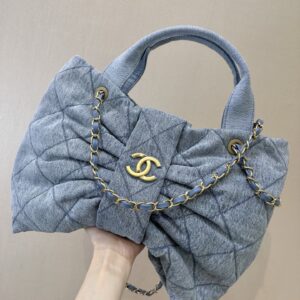 Medium Bow Top-Handle Handbag in Washed Denim
