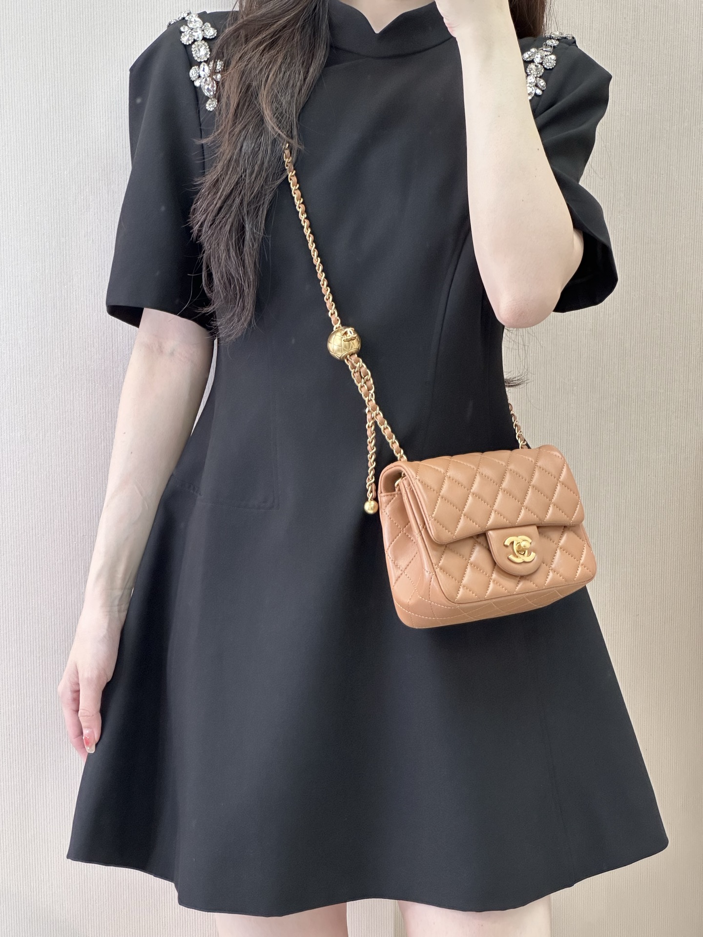 Quilted Lambskin Crossbody Bag with Gold Ball Chain Detail
