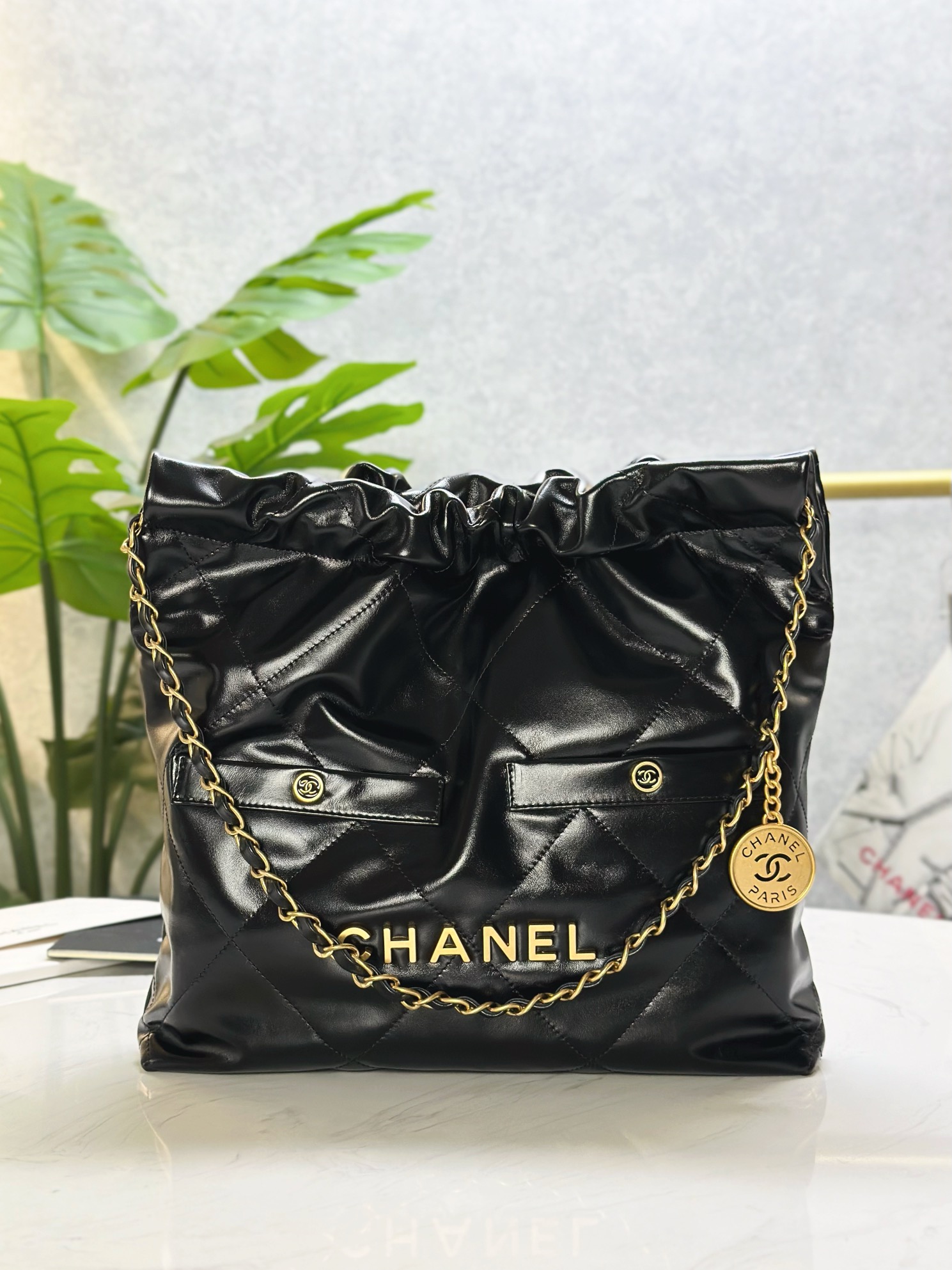 CHANEL 24B 22 Double-Compartment Leather Shoulder Bag