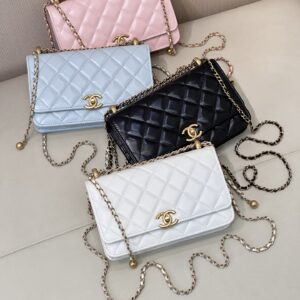 Genuine Leather Double Ball Chain WOC Crossbody Bag
