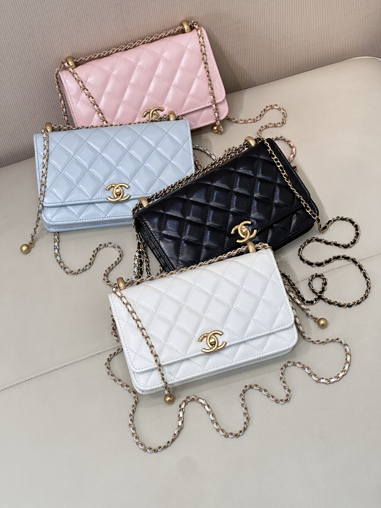 Genuine Leather Double Ball Chain WOC Crossbody Bag