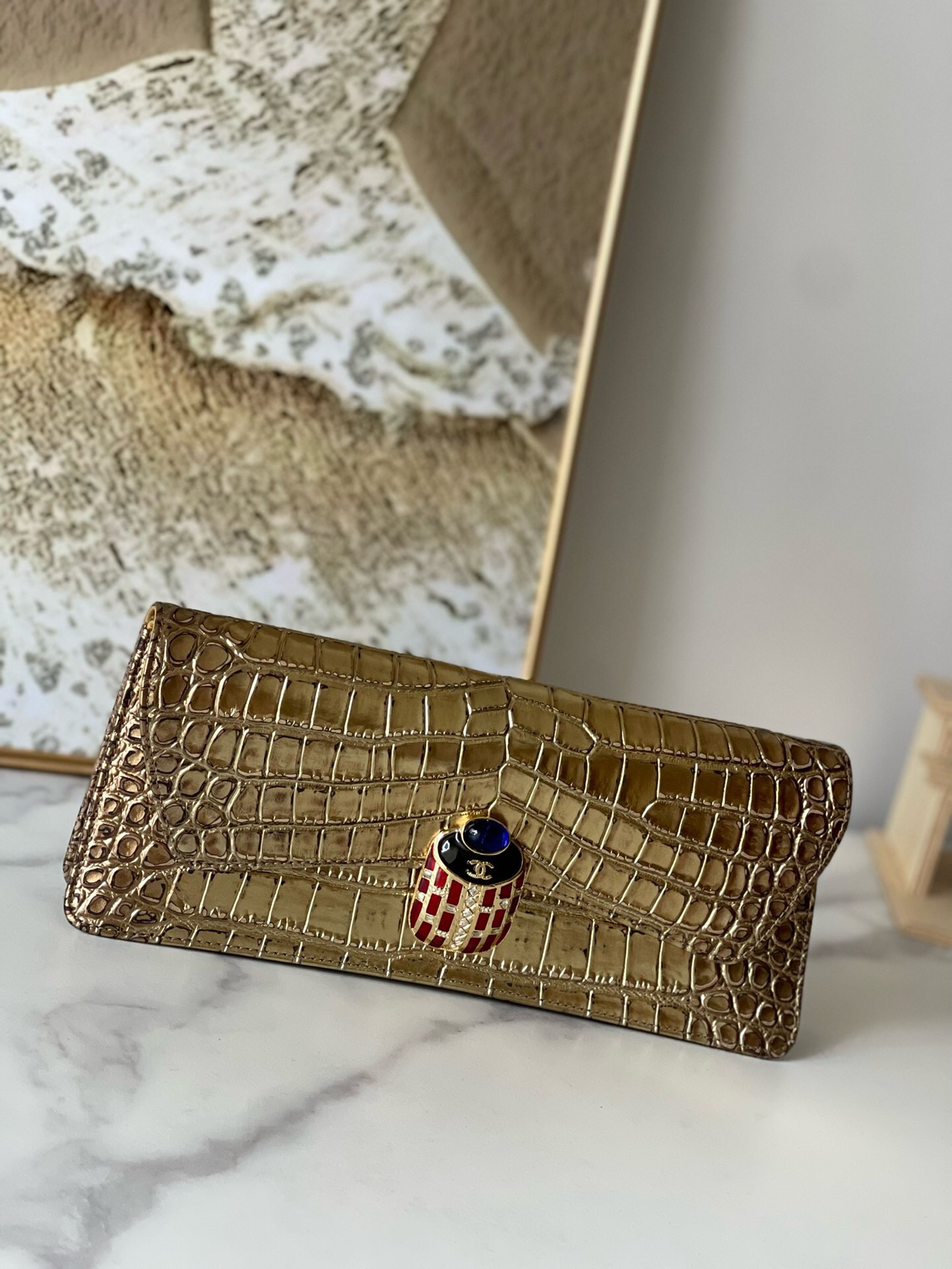 Vintage Chanel Crocodile-Embossed Evening Clutch Bag in Gold