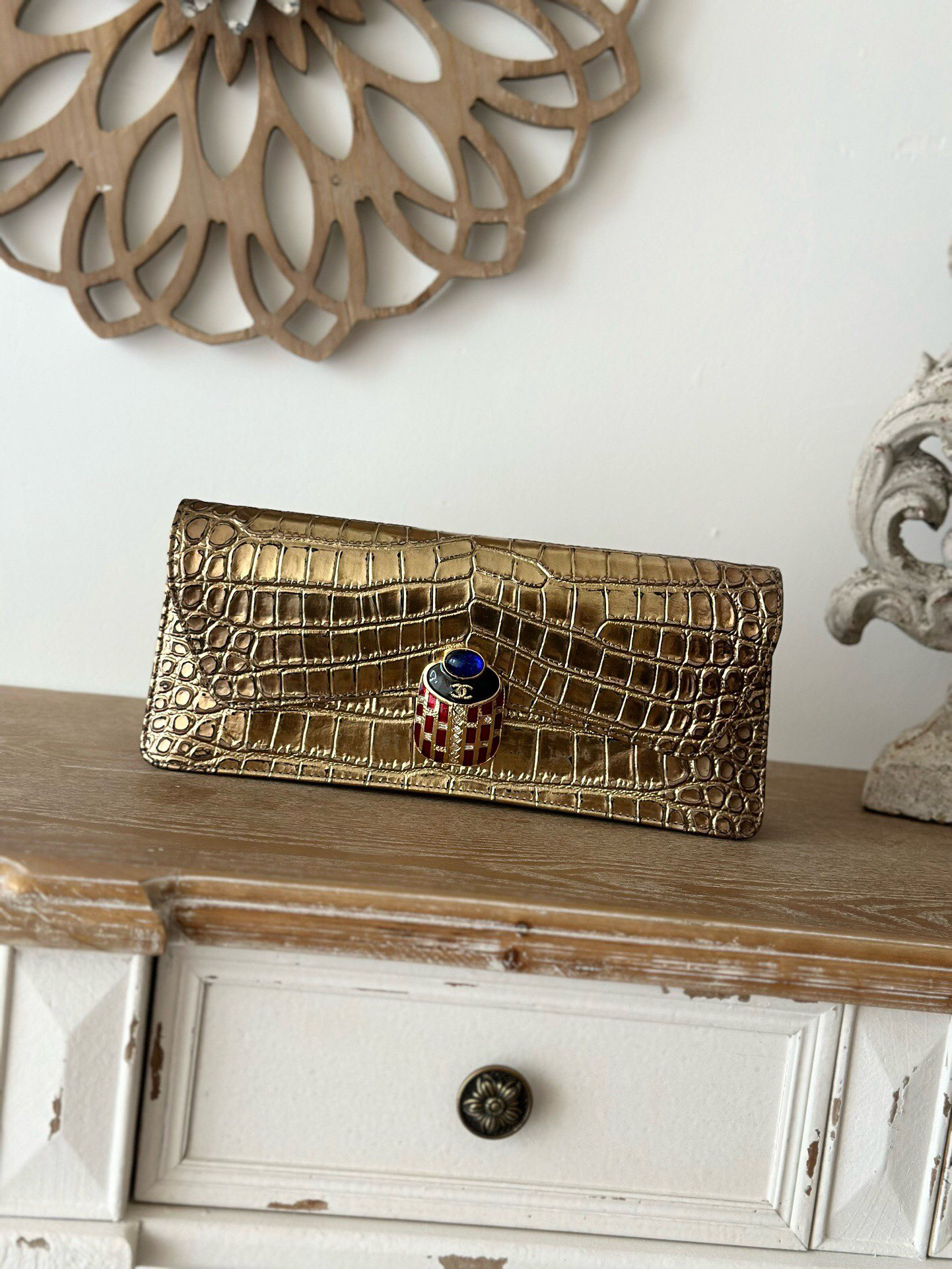 Chanel Classic Crocodile Embossed Evening Clutch Bag in Gold