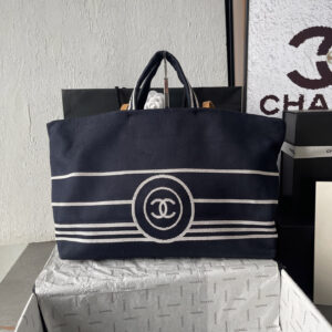 Chanel Navy Blue Striped Denim Tote Bag