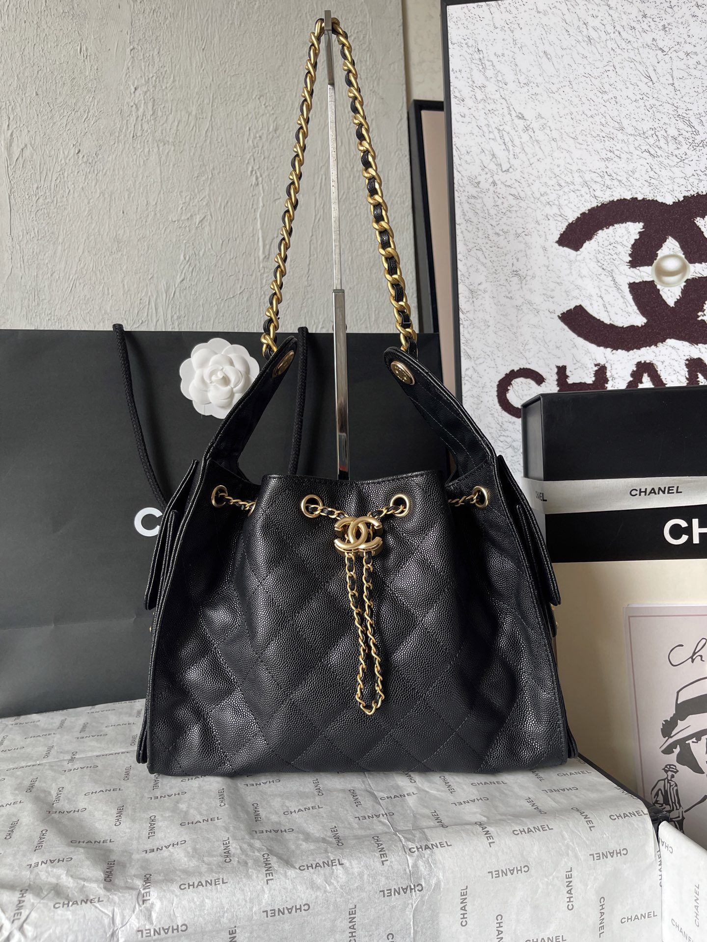 Chanel 25C Caviar Leather Small Hobo Bucket Bag