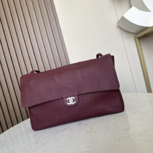 Burgundy Leather Flap Handbag with Silver-Tone Clasp