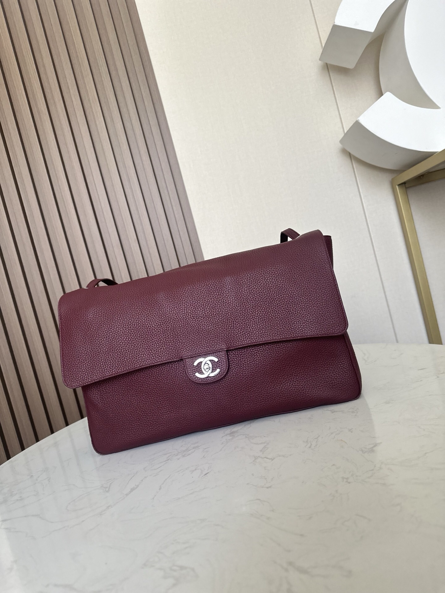 Burgundy Leather Flap Handbag with Silver-Tone Clasp