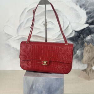 Chanel 26S Maxi Flap Handbag in Wine Red Crocodile-Pattern Leather