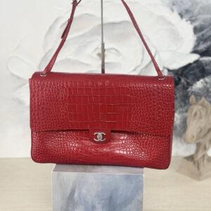 Chanel 26S Large Flap Handbag in Burgundy Crocodile-Pattern Leather