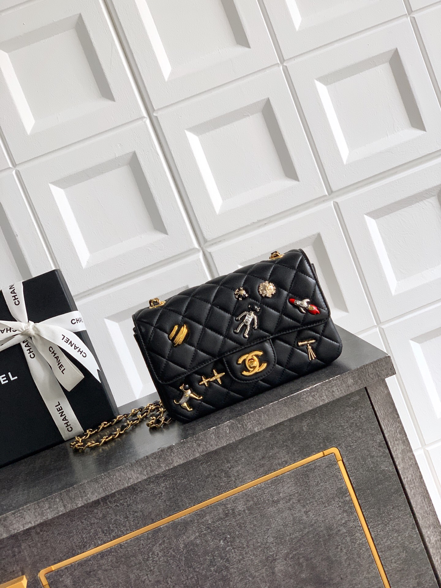 Mini Lambskin Chain Shoulder Bag with Decorative Charms