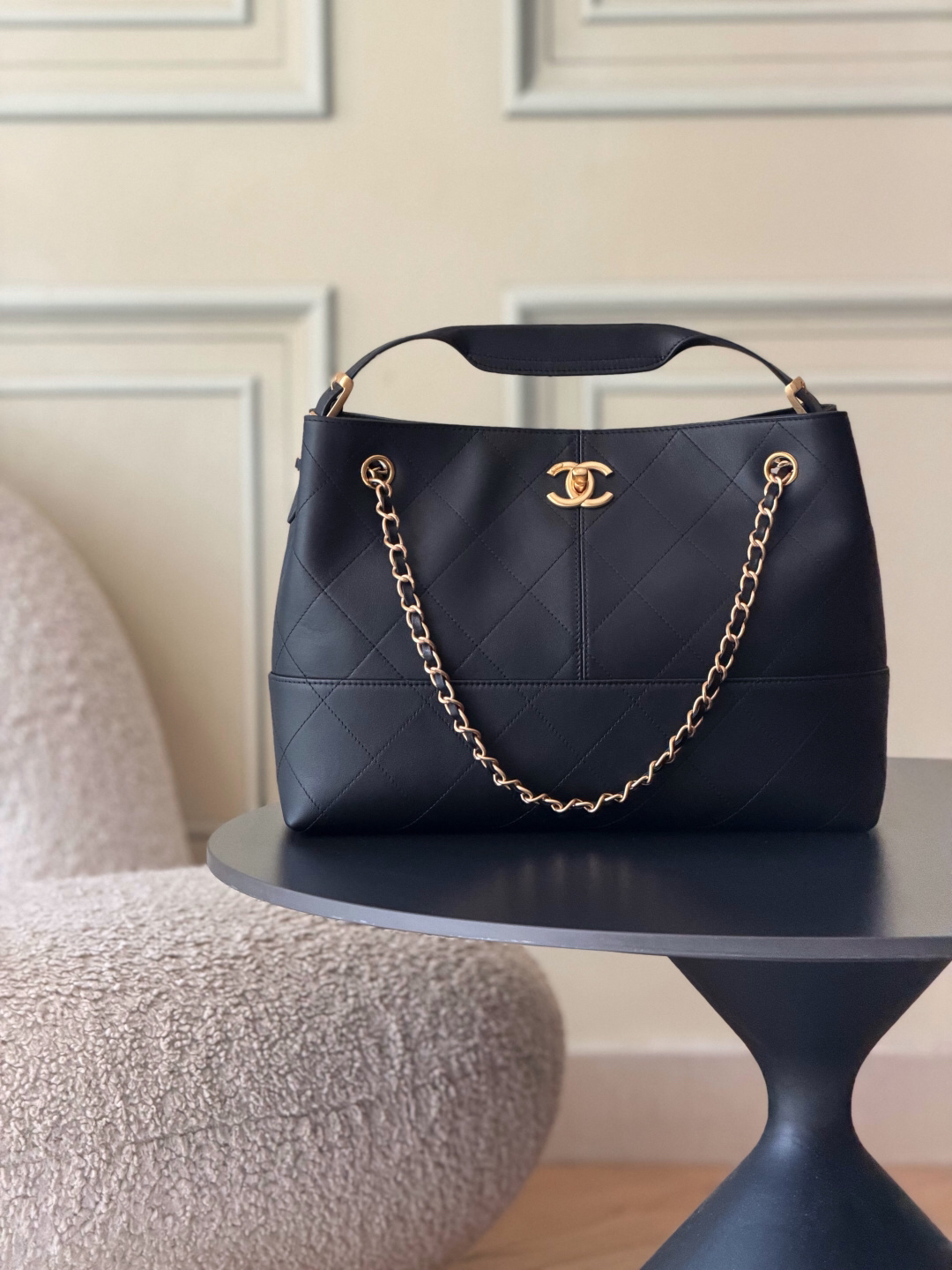 Calfskin Handbag with Diamond Quilting and Contrasting Panels