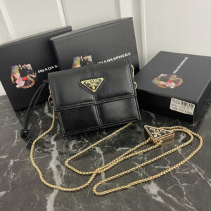 Prada Leather Card Holder with Triangle Logo and Snap Closure