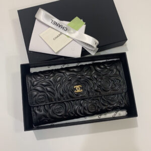 Chanel Camellia Lambskin Wallet with Gold Clasp