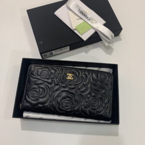 Chanel Camellia Lambskin Wallet with Gold Clasp