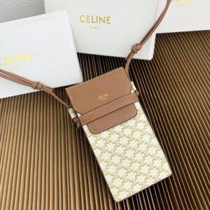CELINE Logo-Print Lambskin Leather Flap Phone Bag