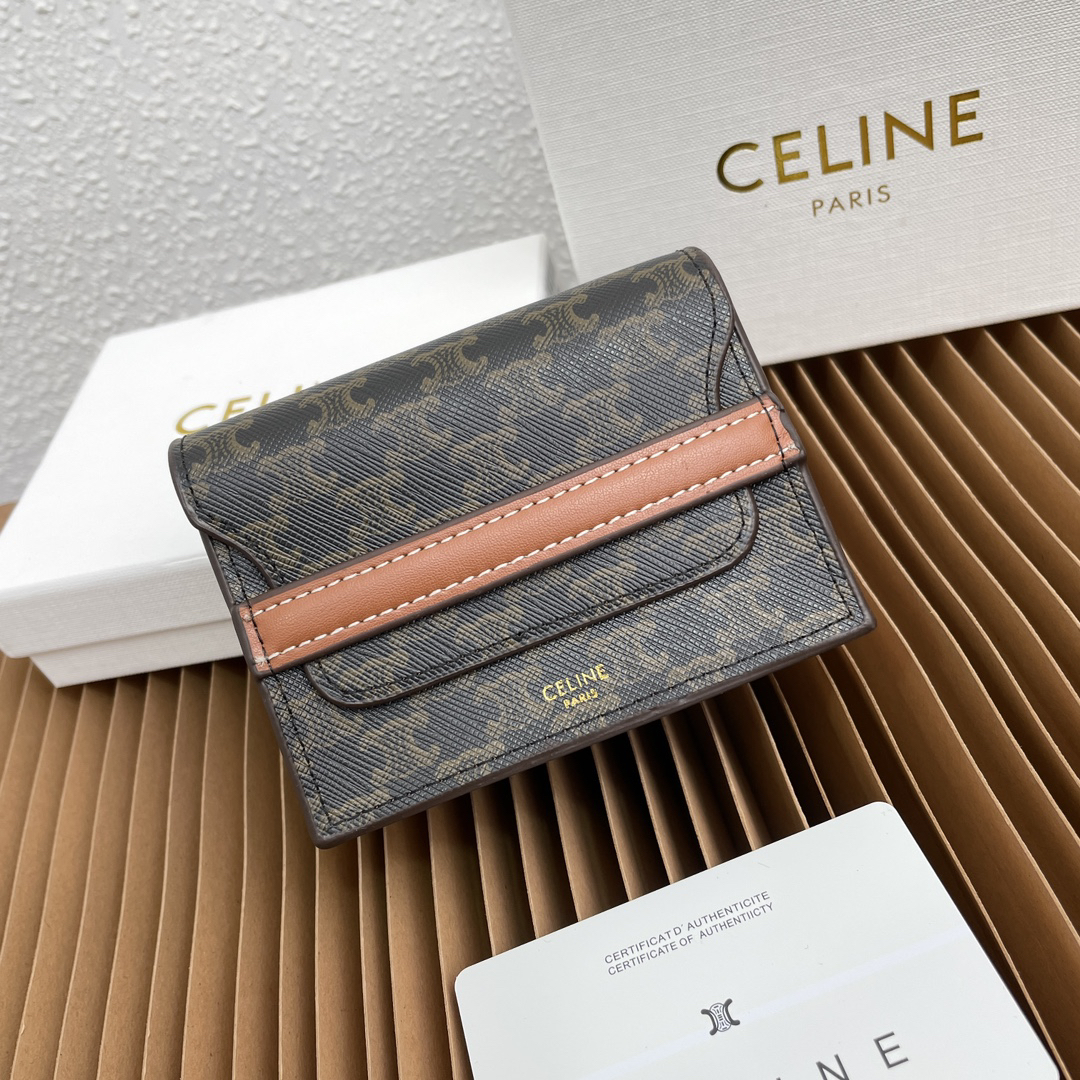 Celine Brown Lambskin Leather Business Card Holder with Logo Print