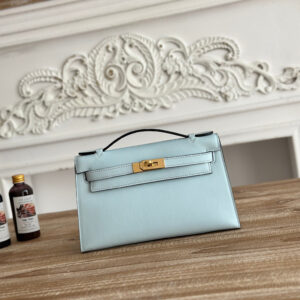 Hermès Kelly Mini Pochette in Misty Blue with Gold Hardware
