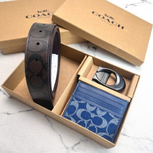 Coach Men’s Leather Belt and Denim Blue Card Holder Set F64839 / CY907