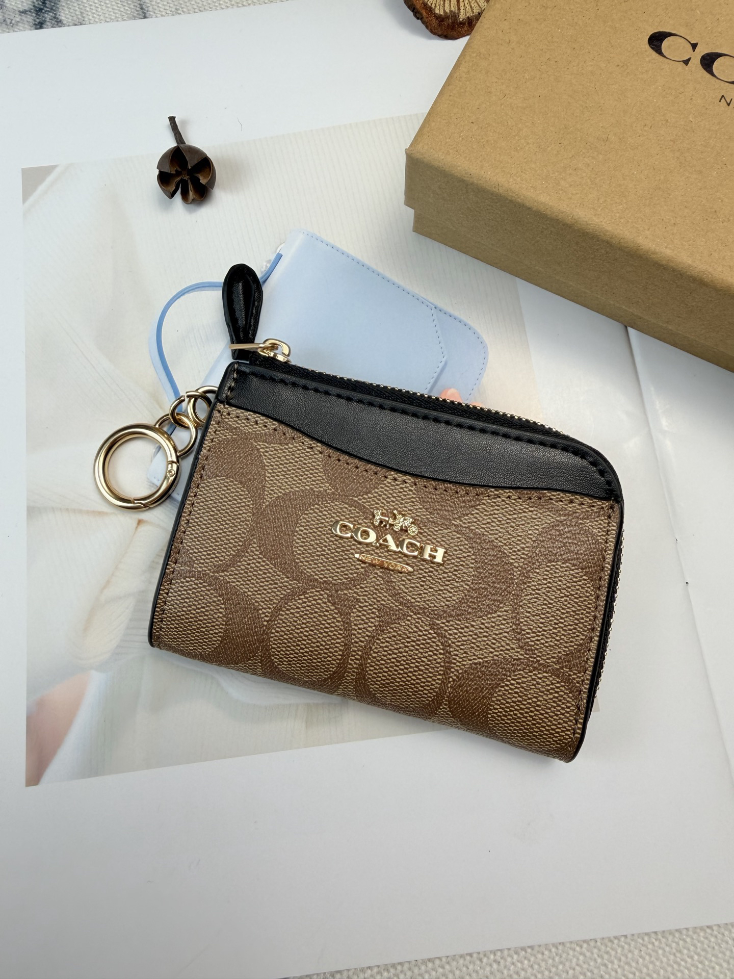 COACH Signature C Khaki and Black Leather Coin Purse C8275