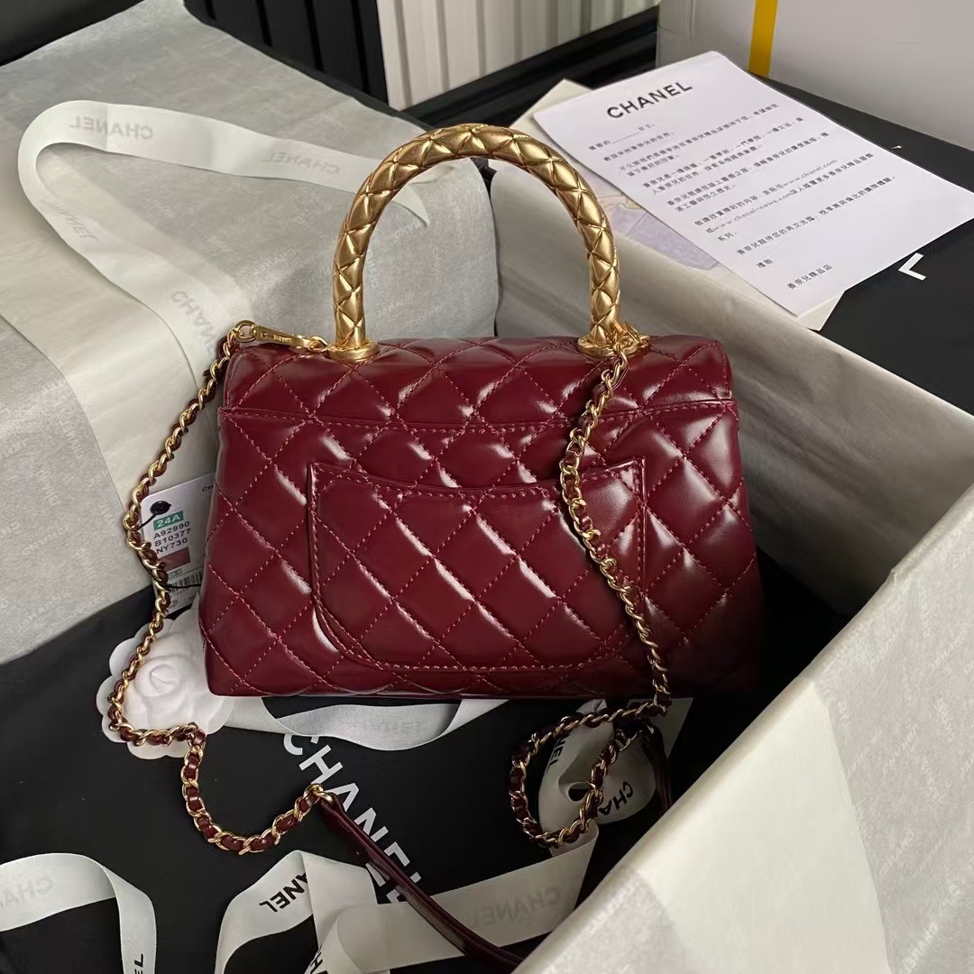 Chanel 24A Classic Coco Handle Leather Handbag, Burgundy - Image 2