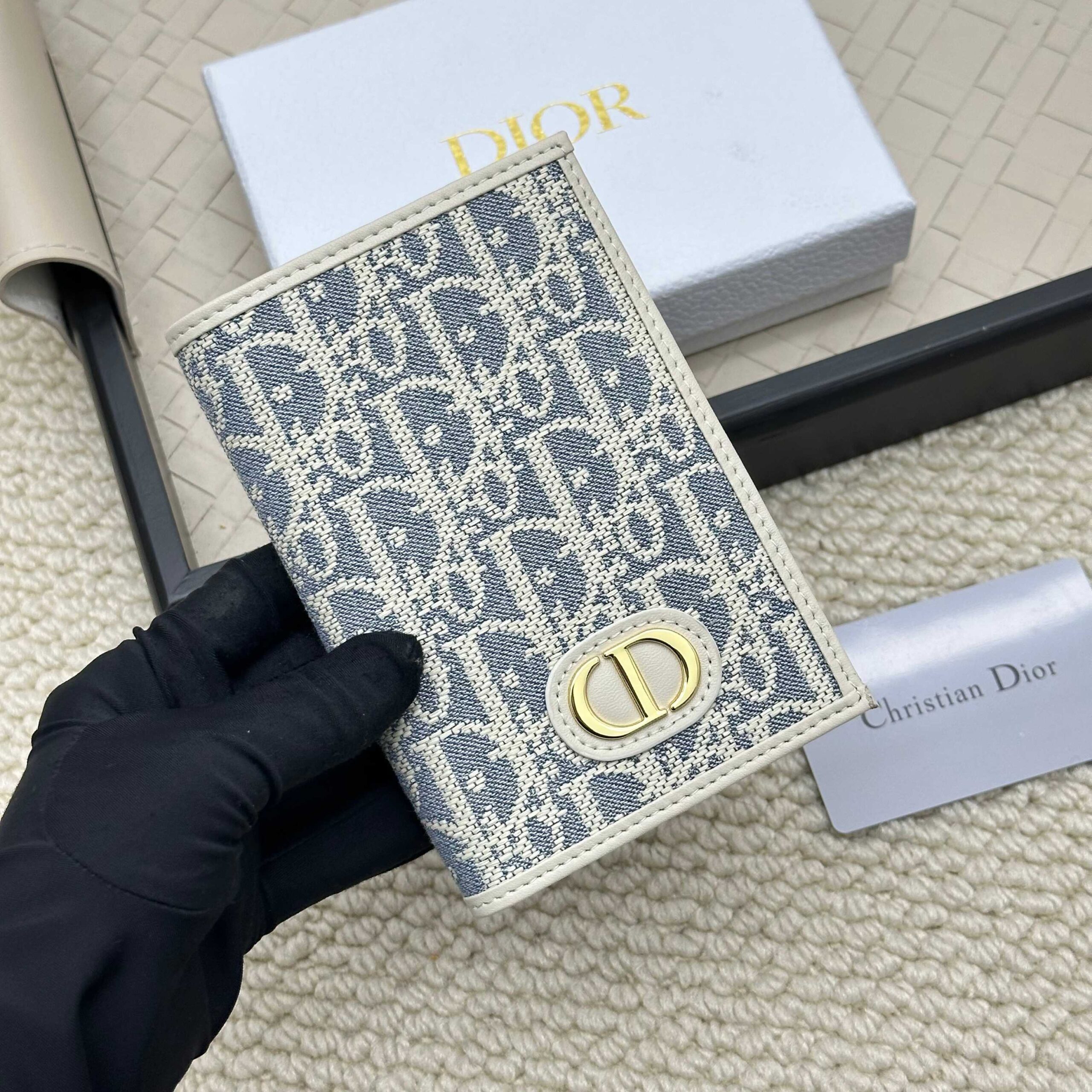 Dior Passport Holder in Beige and Black Oblique Canvas - Image 2