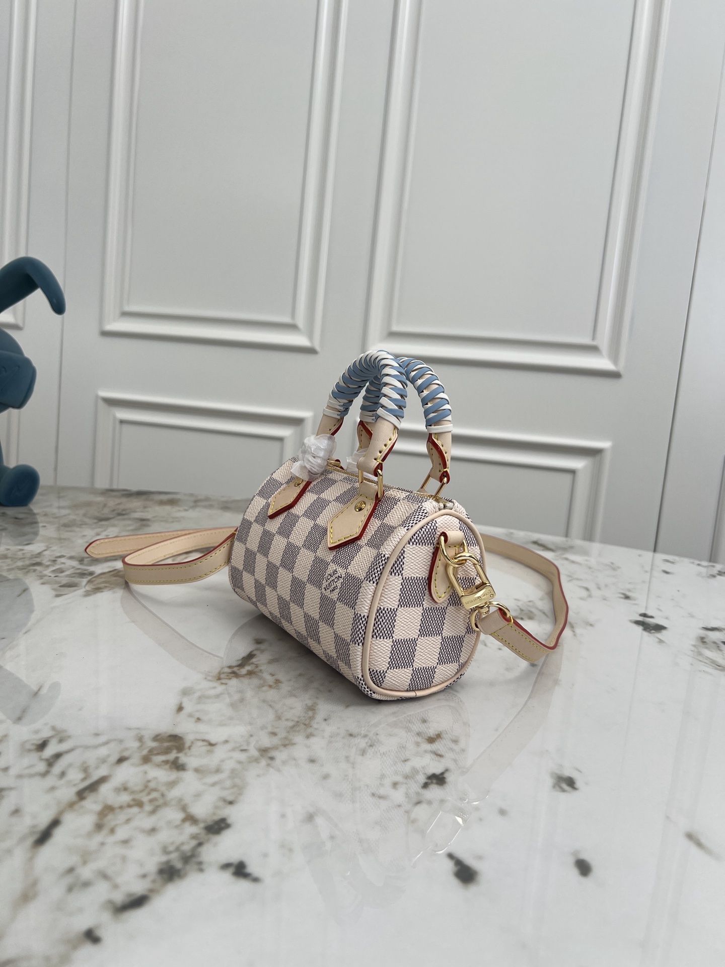 Louis Vuitton Nano Speedy Handbag in Damier Azur Coated Canvas - Image 2