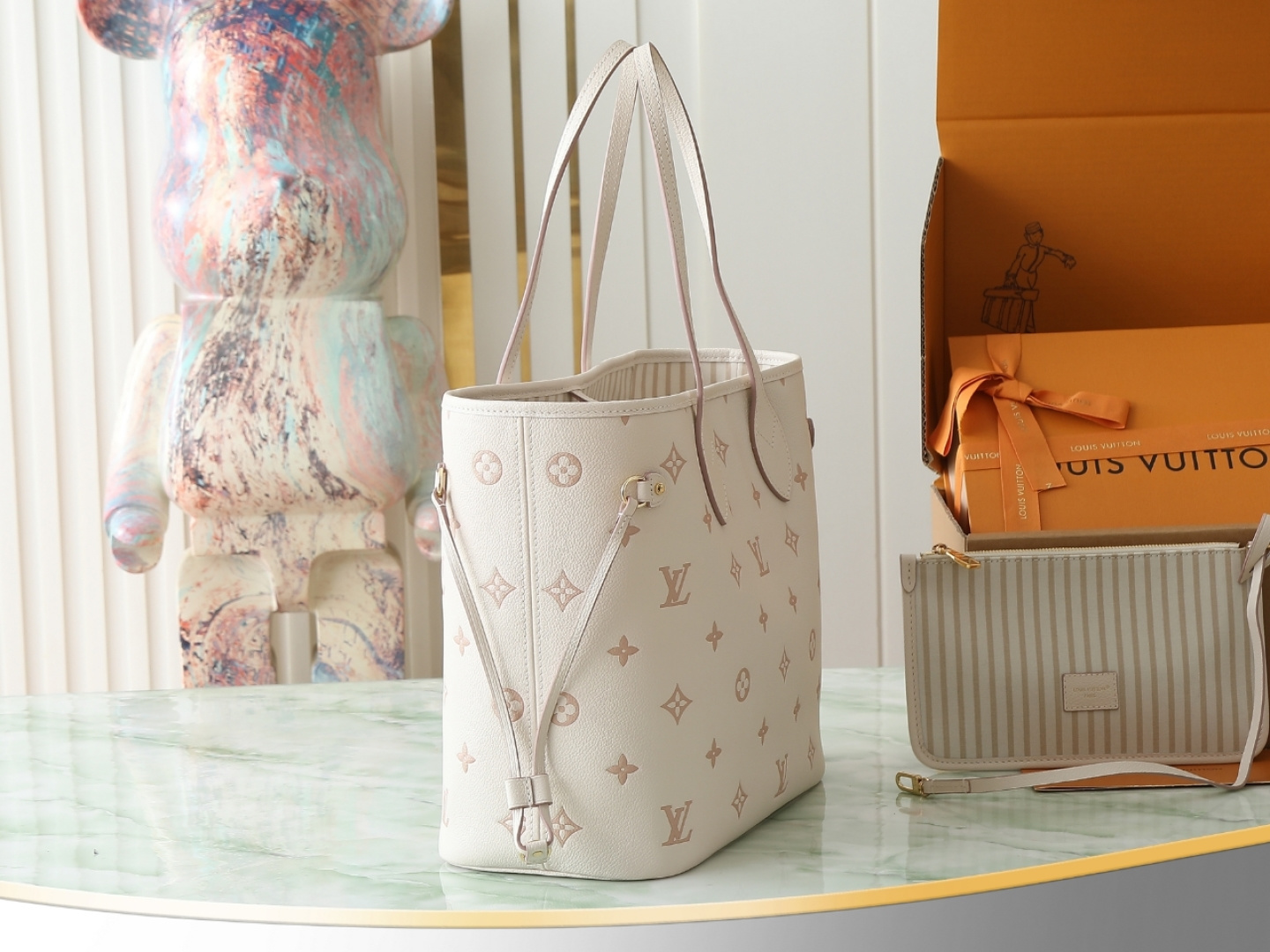 Louis Vuitton Neverfull MM Tote Bag in Cream Monogram Empreinte Leather - Image 2