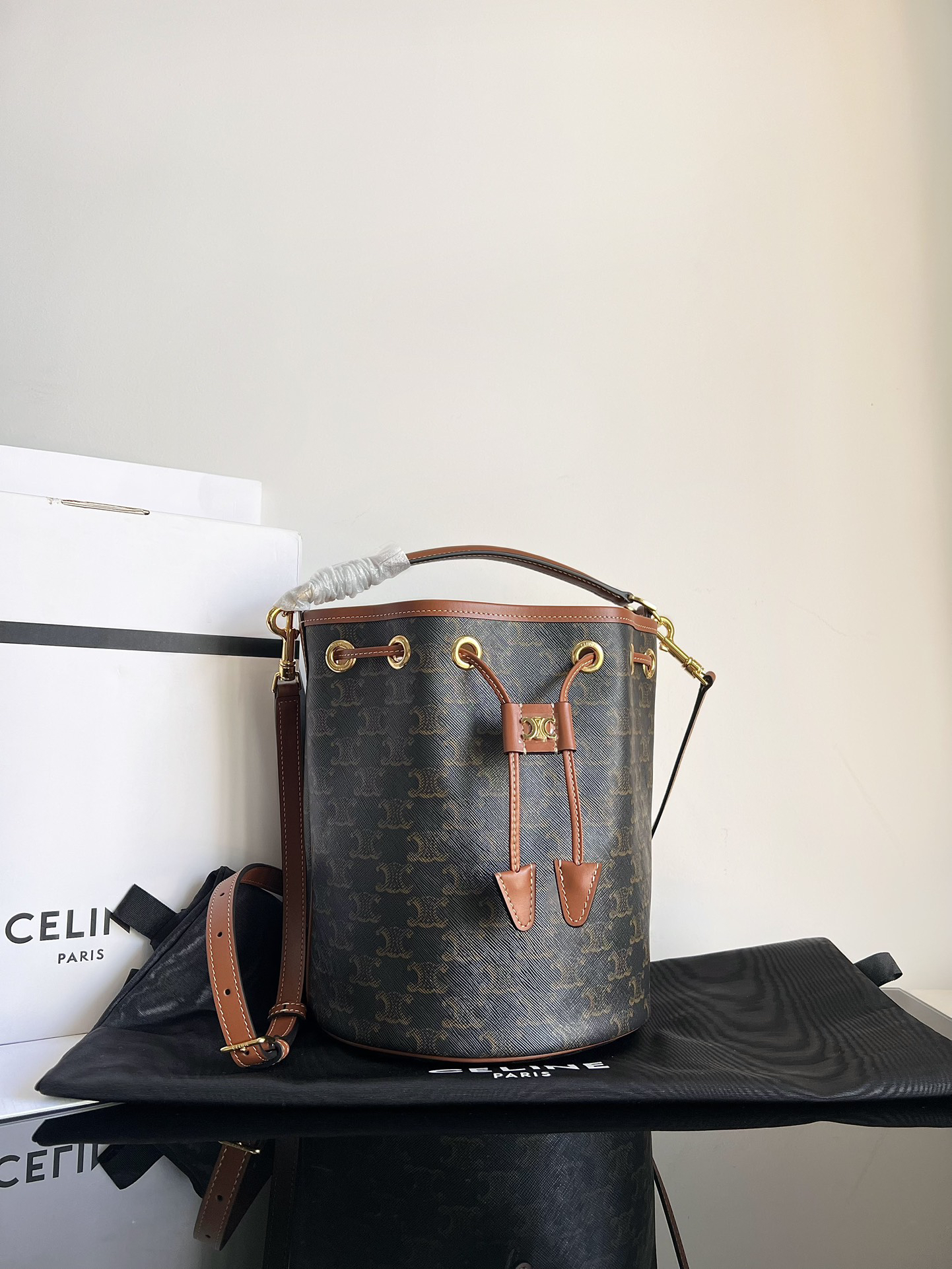 CLARA Logo-Print Leather Drawstring Bucket Handbag - Image 2