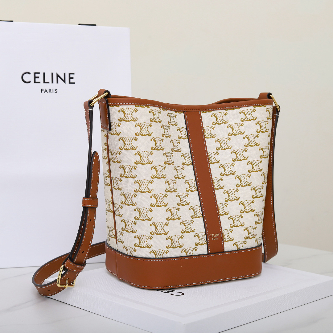 Celine Small Bucket Bag in Monogram Canvas and Brown Leather - Image 2