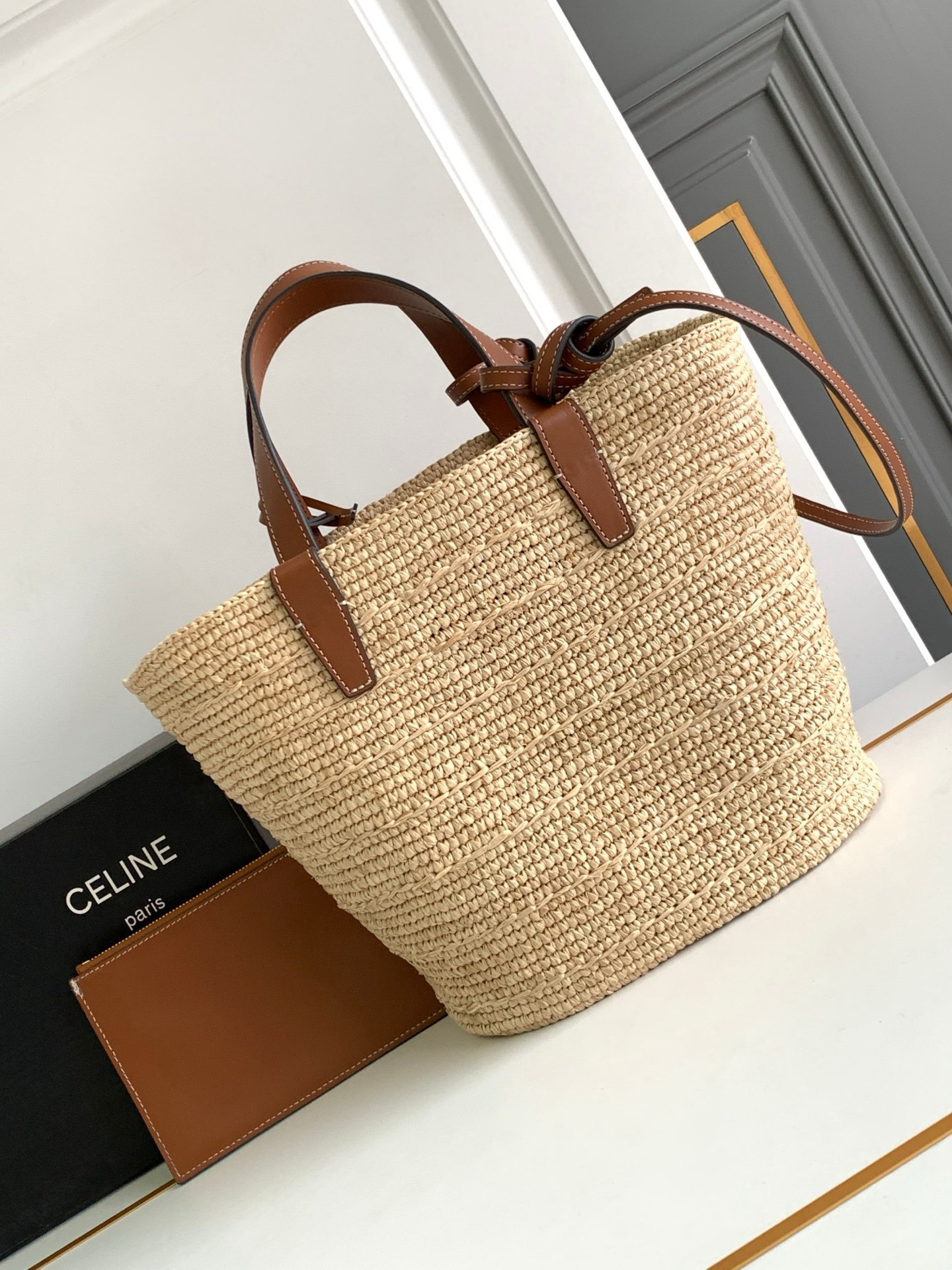 CELINE Teen Woven Plant-Fiber and Calfskin Leather Basket Bag - Image 2