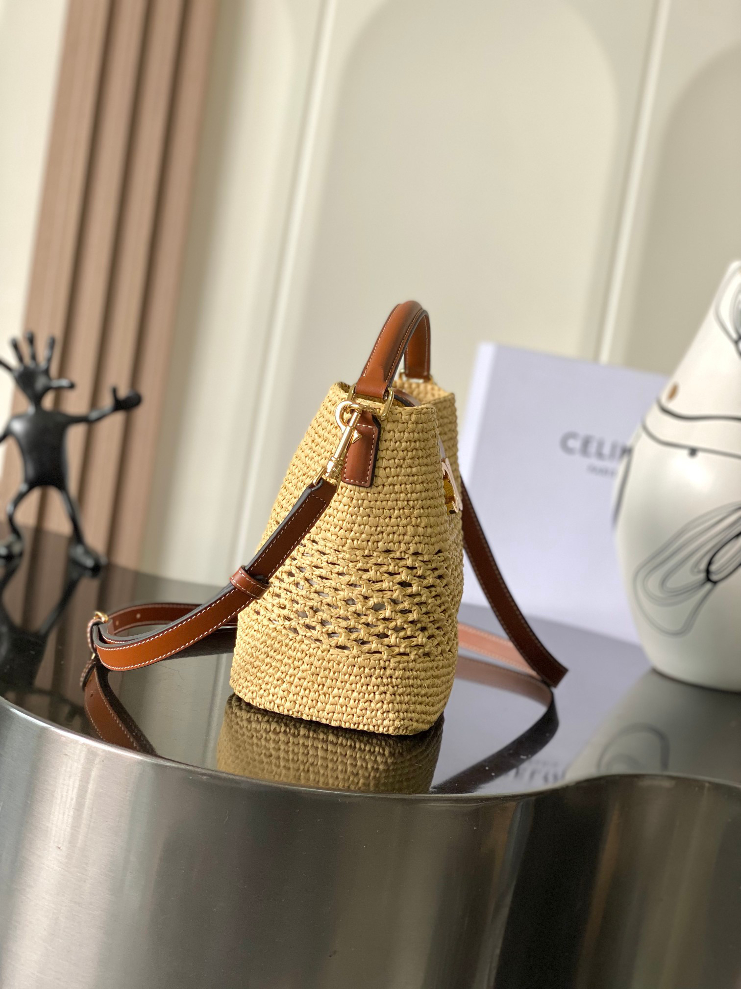 Celine Louise Small Woven Plant-Based Material and Leather Bucket Bag - Image 2
