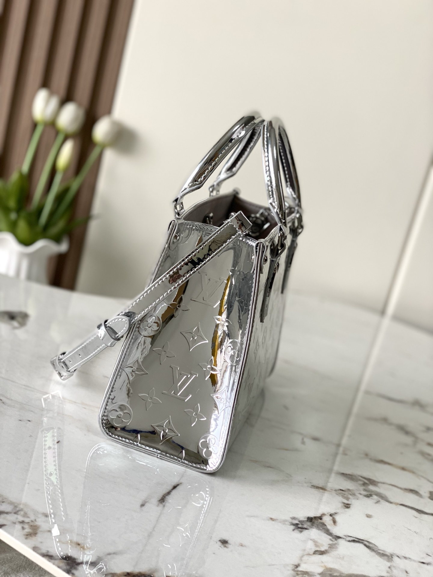 Louis Vuitton OnTheGo Small Crossbody Bag in Silver Monogram Miroir - Image 2