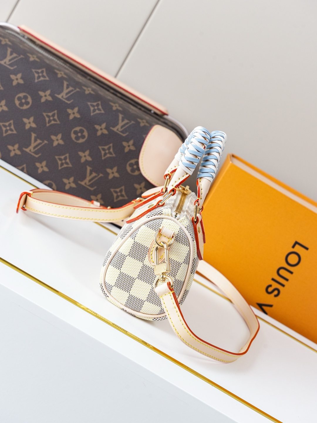 Louis Vuitton Nano Speedy Handbag in Damier Azur Canvas - Image 2