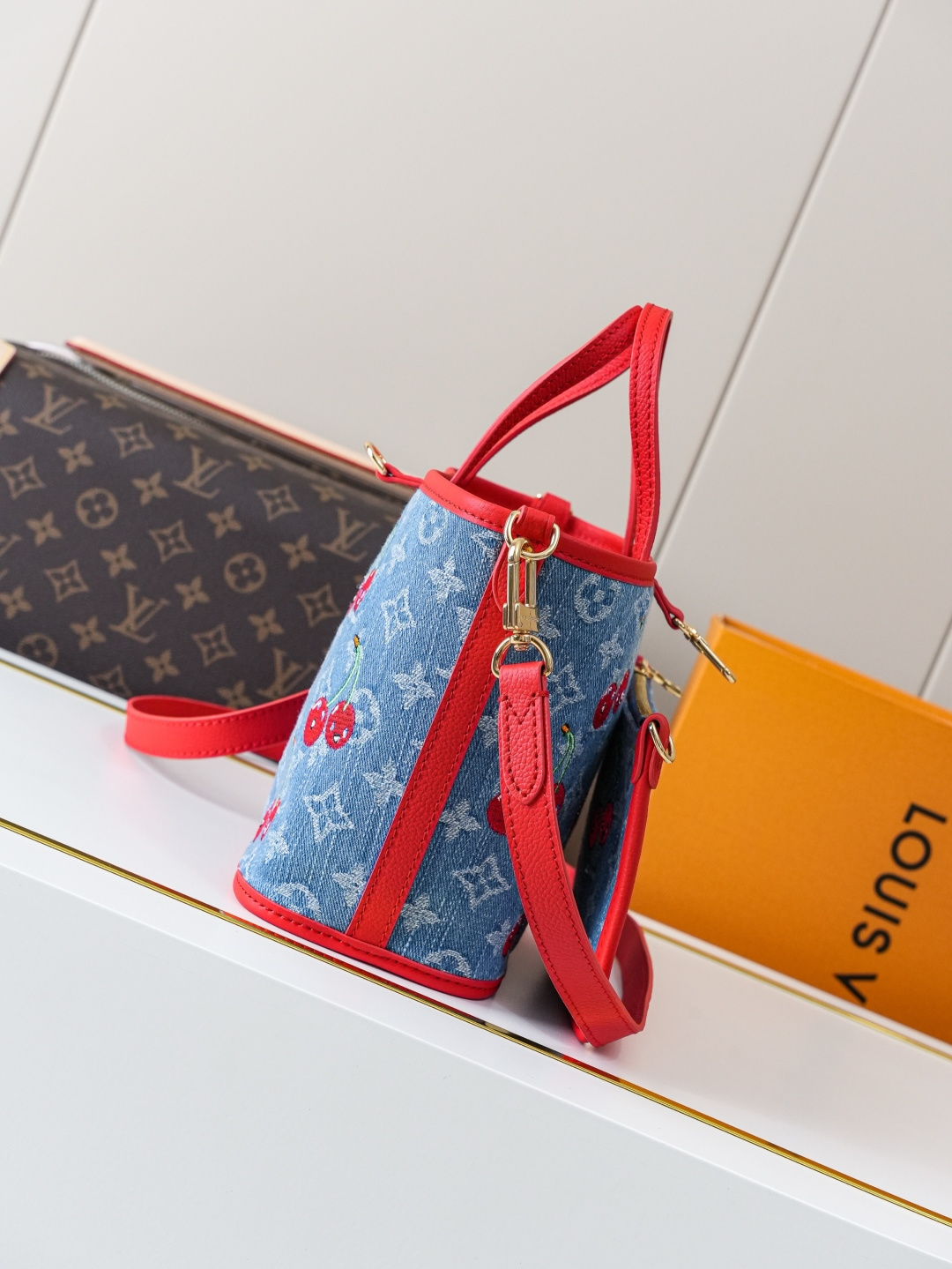 Louis Vuitton Neverfull Inside Out BB Monogram Cherry Denim Handbag - Image 2