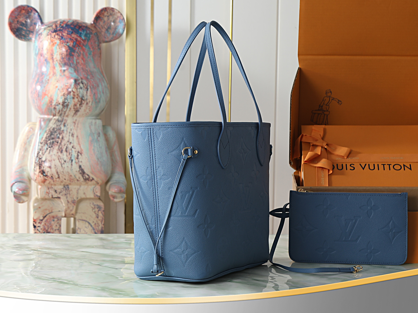 Neverfull MM Tote Bag in Blue Monogram Empreinte Leather - Image 2