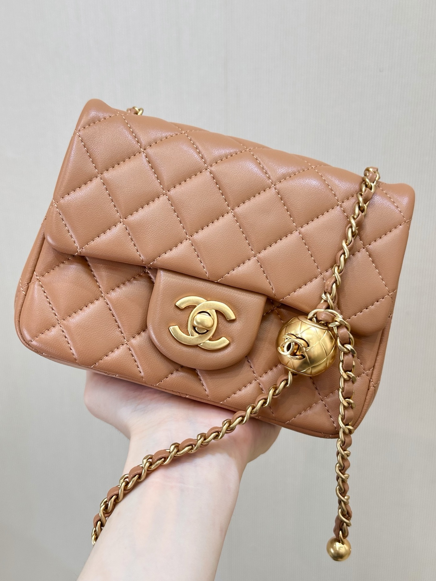 Chanel Quilted Lambskin Mini Crossbody Bag with Gold Ball Chain - Image 2