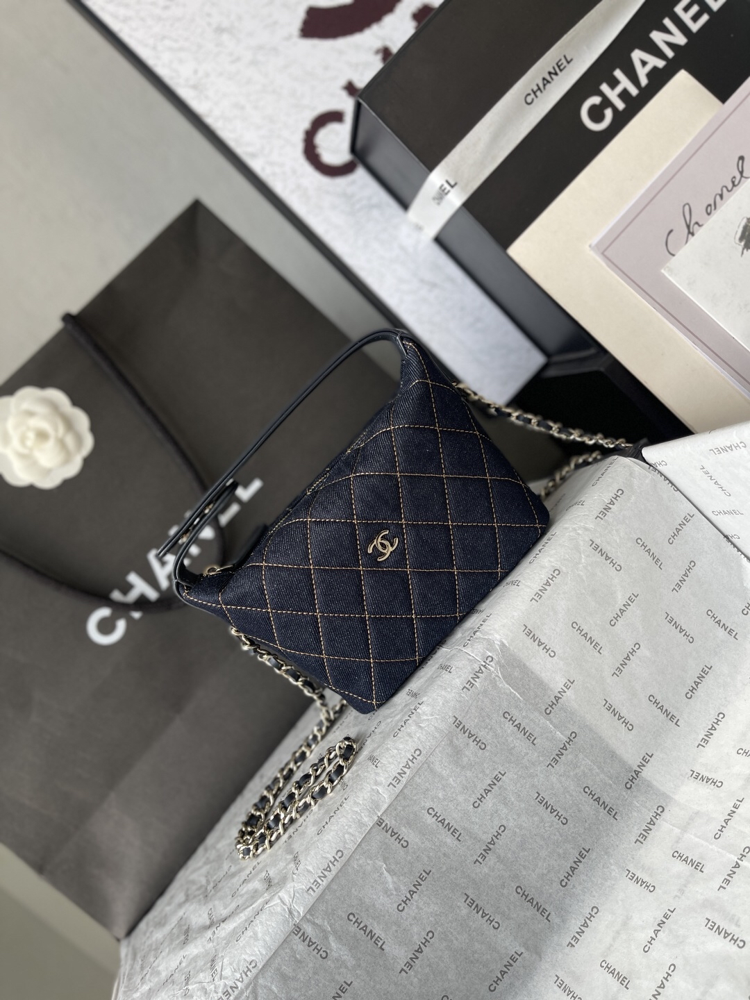 Chanel Denim Box Bag with Diamond Pattern - Image 2