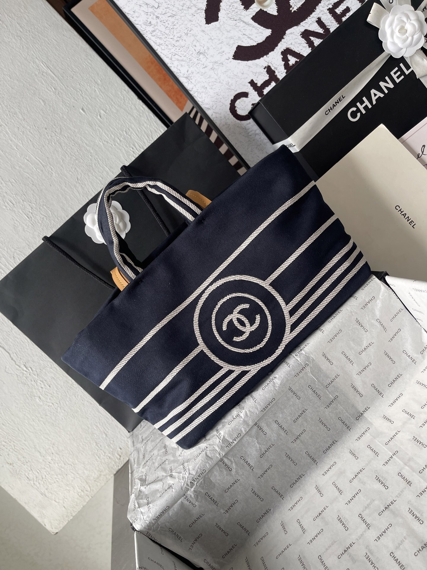 Chanel Navy Striped Denim Tote Bag - Image 2