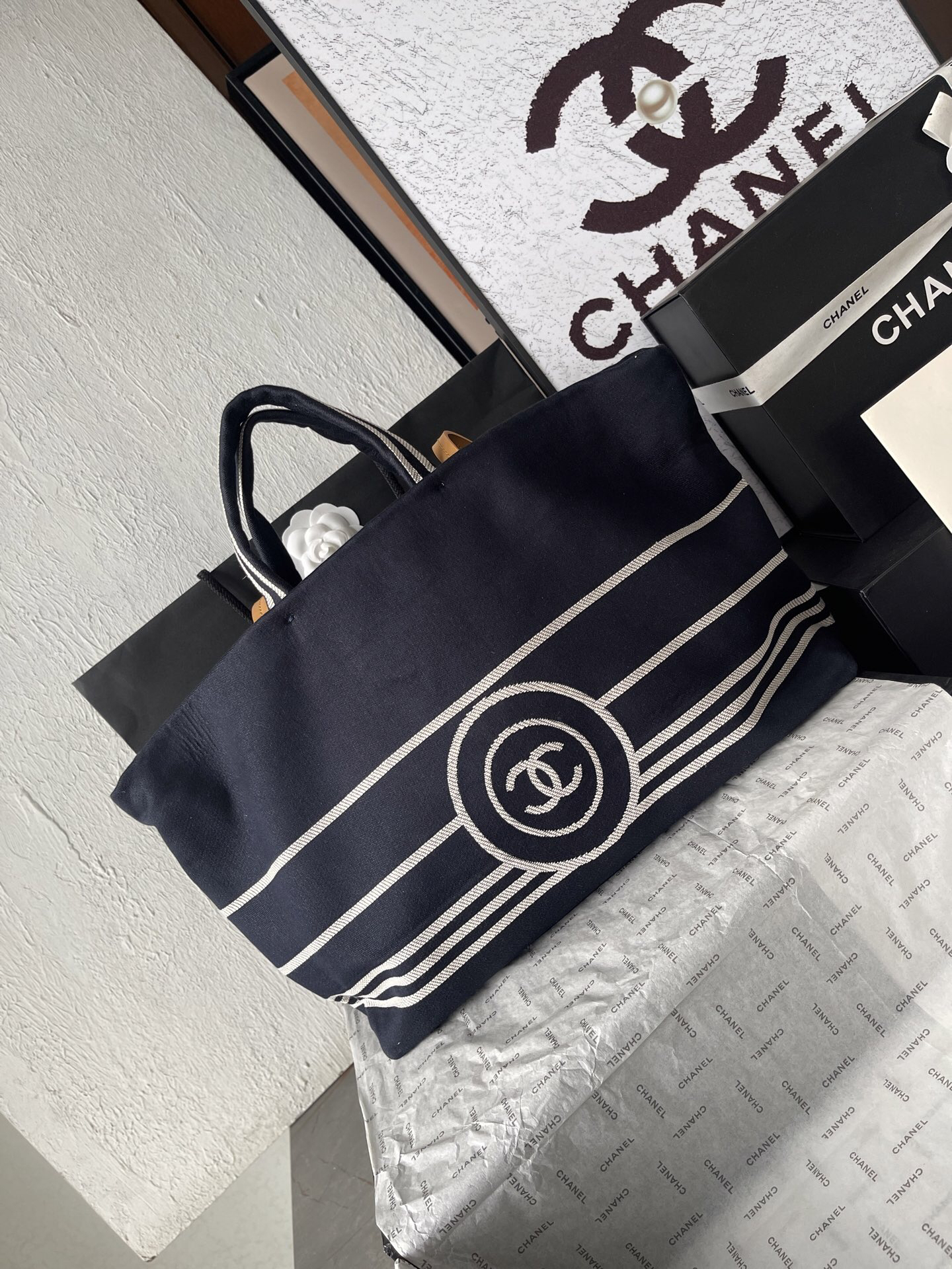 Chanel Navy Blue Striped Denim Tote Bag - Image 2