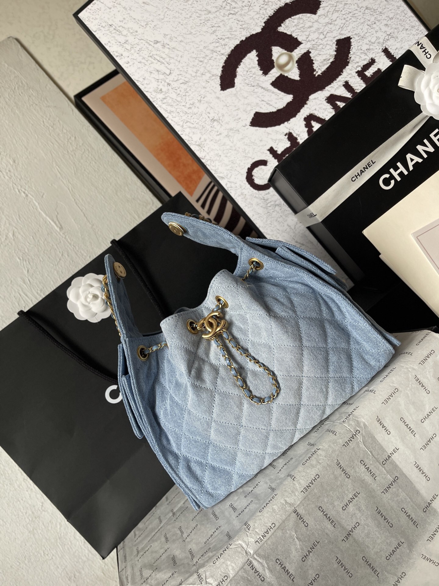 Chanel Small Denim Hobo Drawstring Bucket Bag - Image 2