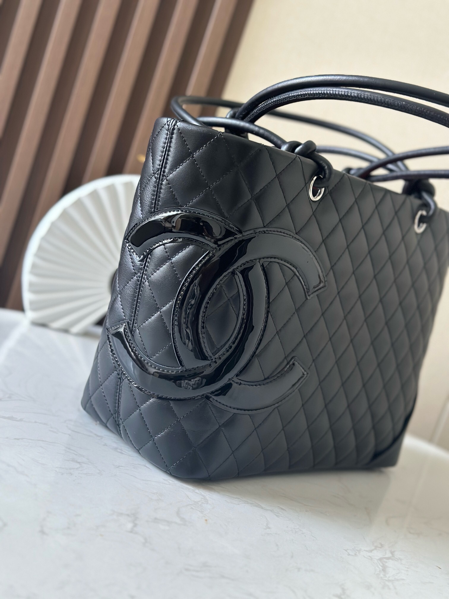 Chanel Large Black-on-Black Lacquer Calfskin Tote Bag - Image 2
