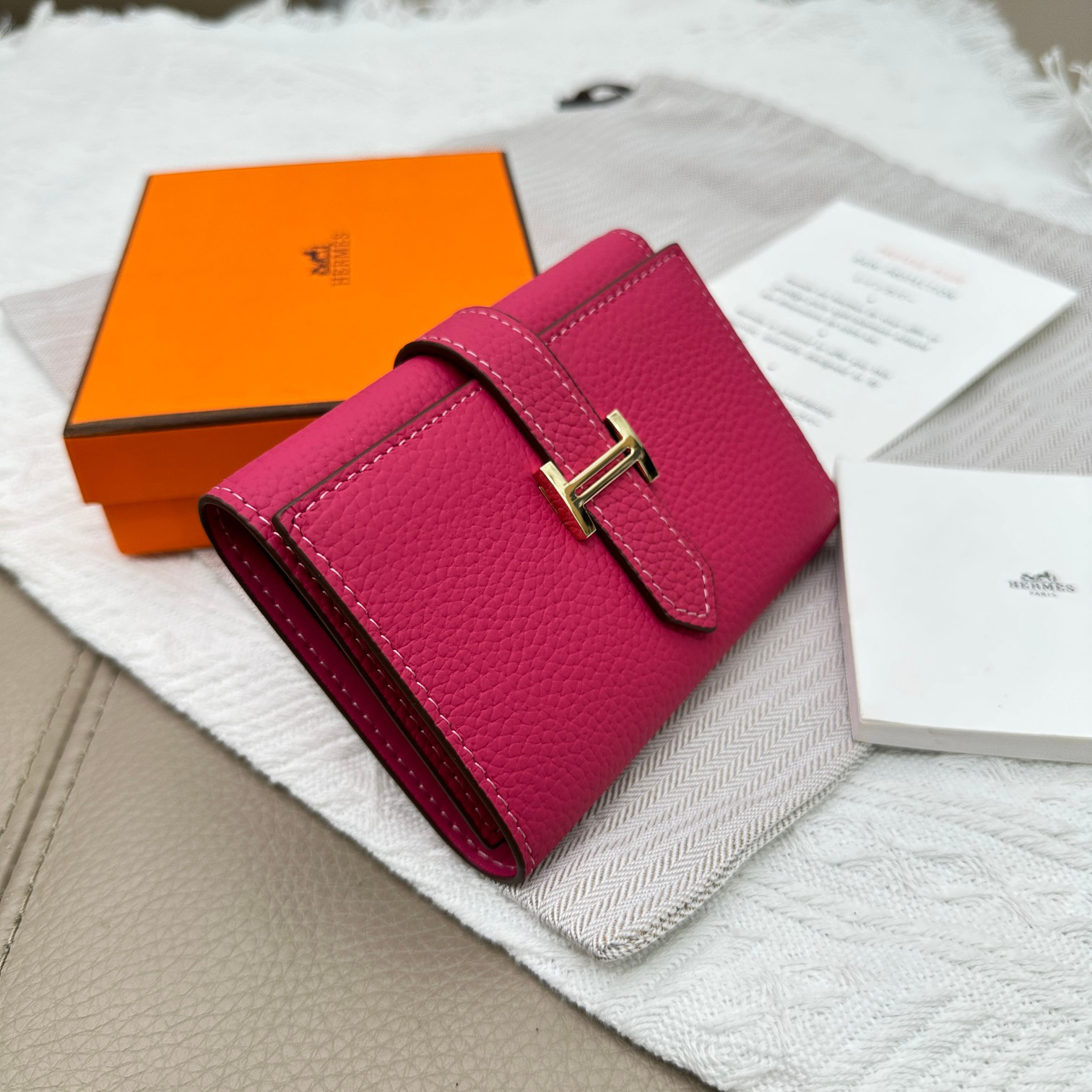 Hermes Togo Leather Tri-Fold Wallet with Gold-Tone Clasp - Image 2