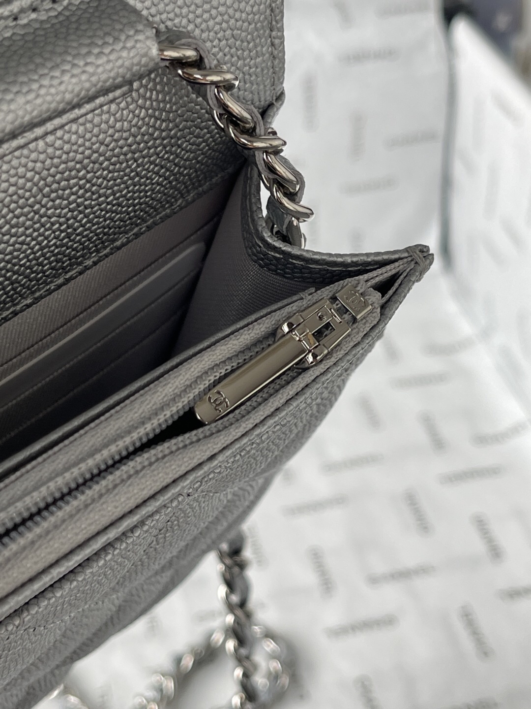 Classic Flap Wallet on Chain in Black Caviar Leather - Image 11