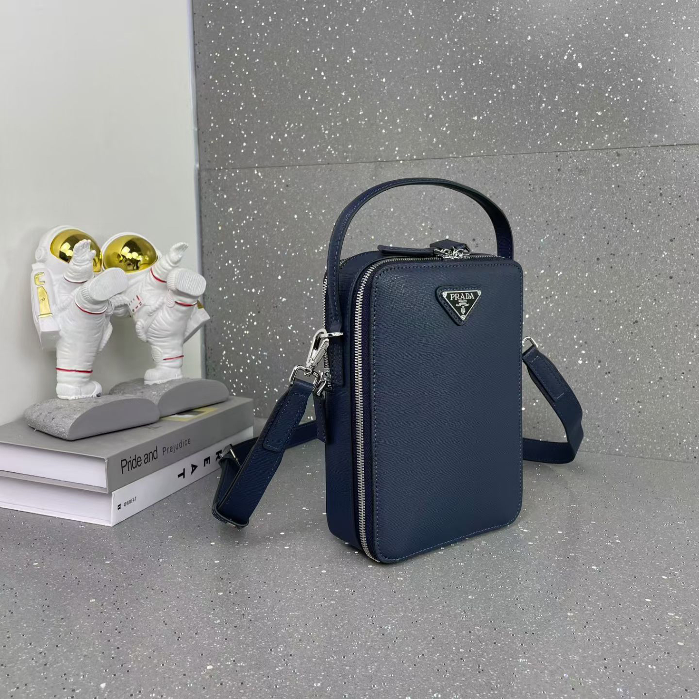Prada Men's Casual Shoulder Bag, Black and Blue, Model 9048-3 - Image 3